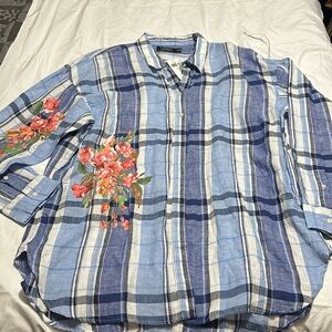 Linen plaid tunic shirt with floral appliqué XXL
